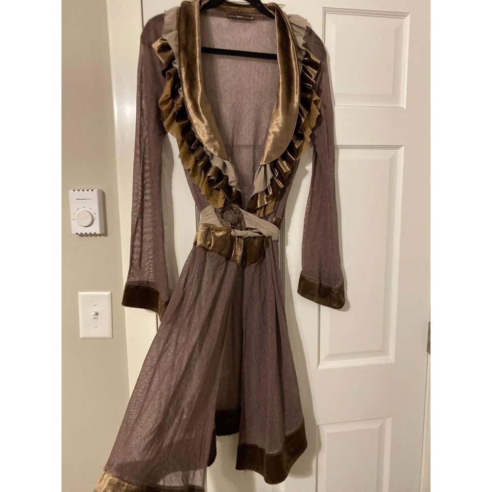Y2K Anthro Velvet Ruffle Brown Duster Cardigan Medium Boho Luxury Fairy Grunge - Picture 2 of 9